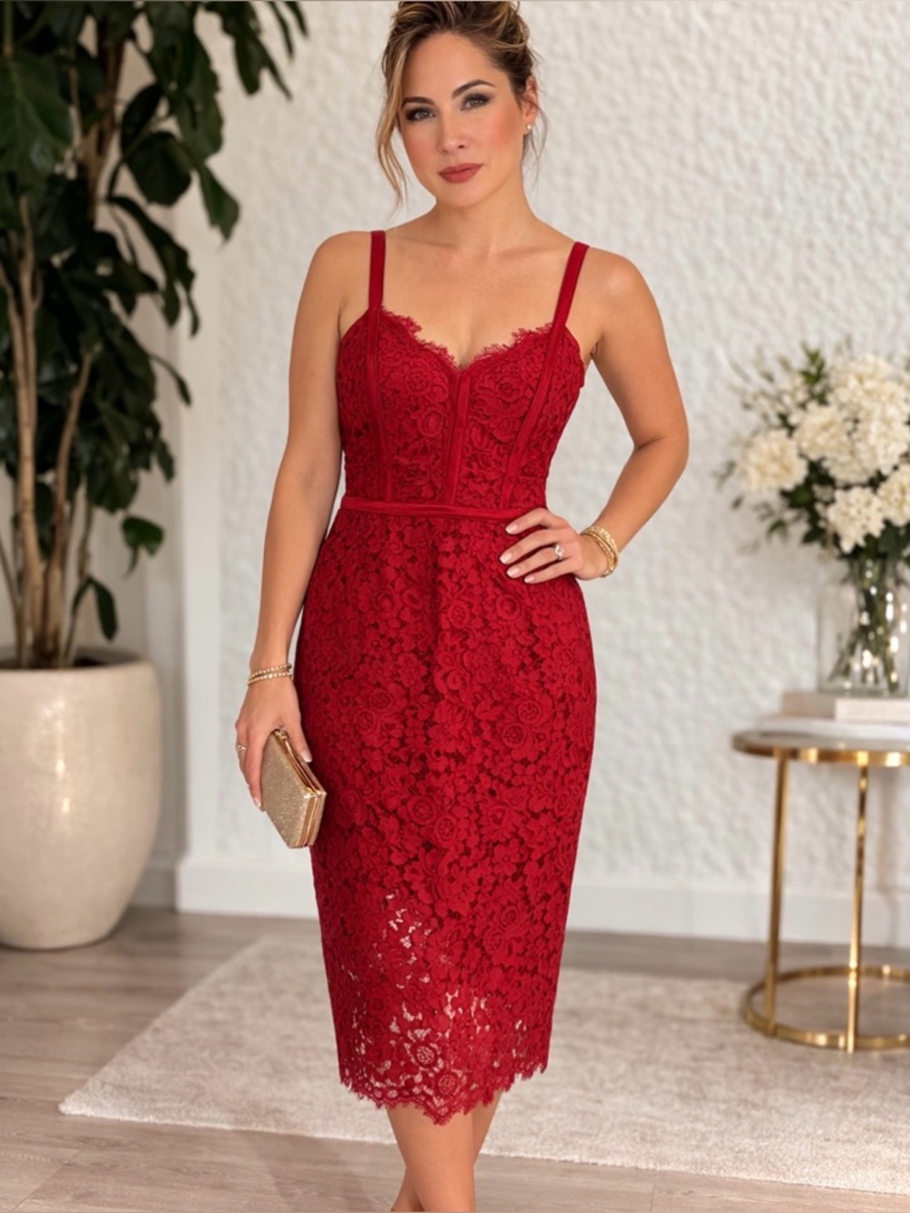 Red Lace Midi Dress